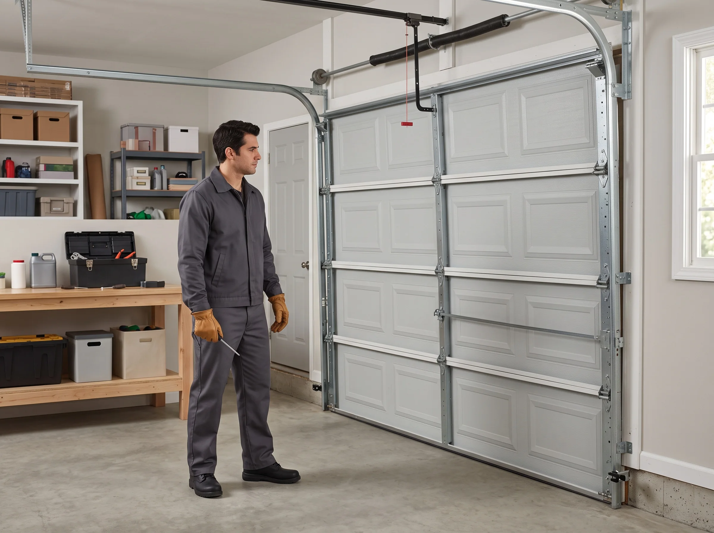 Technician inspecting an off-track garage door